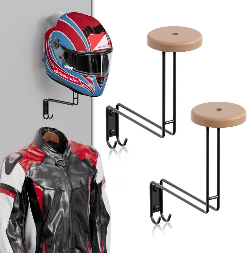 NANAGIFTREE Helmet Holder Wall Mount, 2 Pack Motorcycle Helmet Rack, Helmet Hanger Rack Motorcycle with 2 Hooks Helmet Hanger for Motorcycle Bike Coats, Caps, Baseballs and Rugby Helmet - Image 1